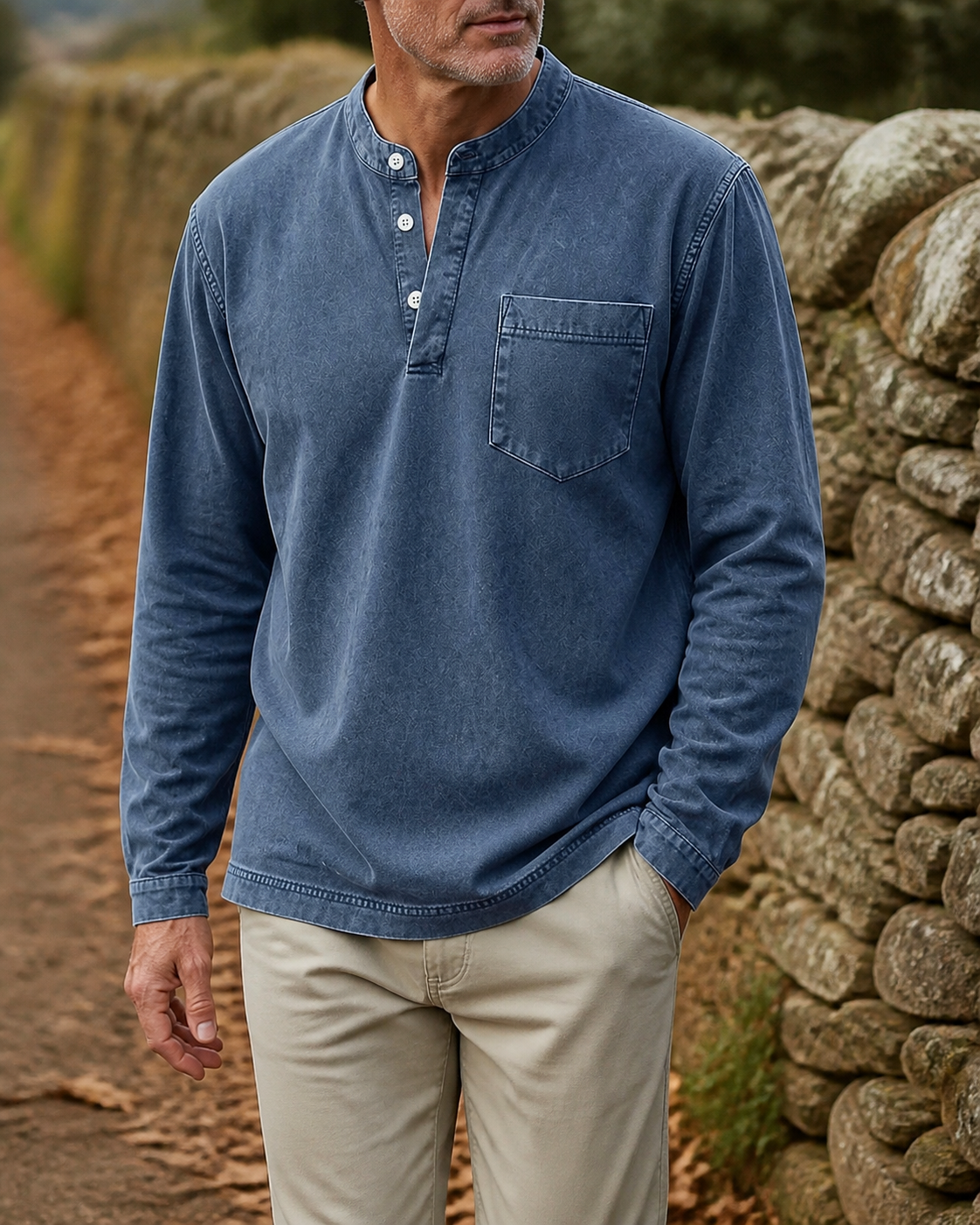 Faceless styling of the navy Saltwater long-sleeve Henley