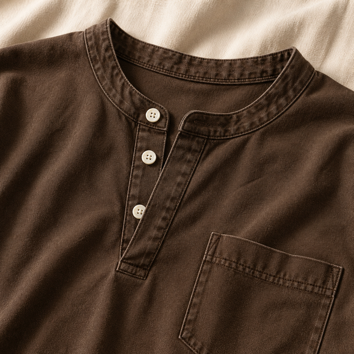 Brown Saltwater long-sleeve Henley collar and chest pocket detail