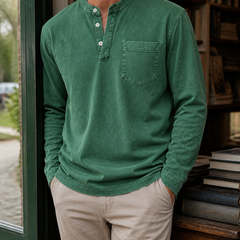 Faceless styling of the dark green Saltwater long-sleeve Henley