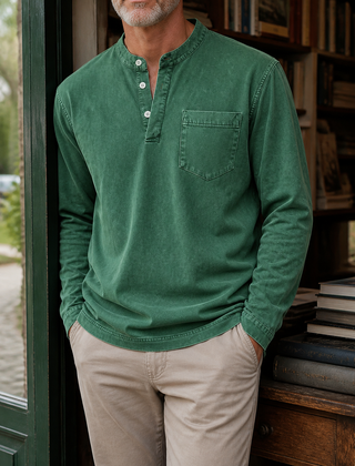Faceless styling of the dark green Saltwater long-sleeve Henley