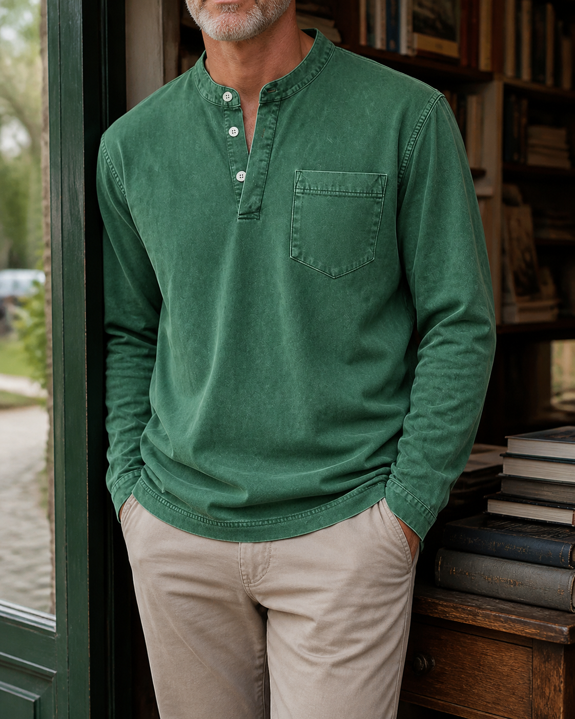 Faceless styling of the dark green Saltwater long-sleeve Henley