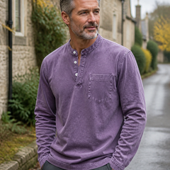 Purple Saltwater long-sleeve Henley styled in a Cotswold village