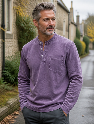 Purple Saltwater long-sleeve Henley styled in a Cotswold village