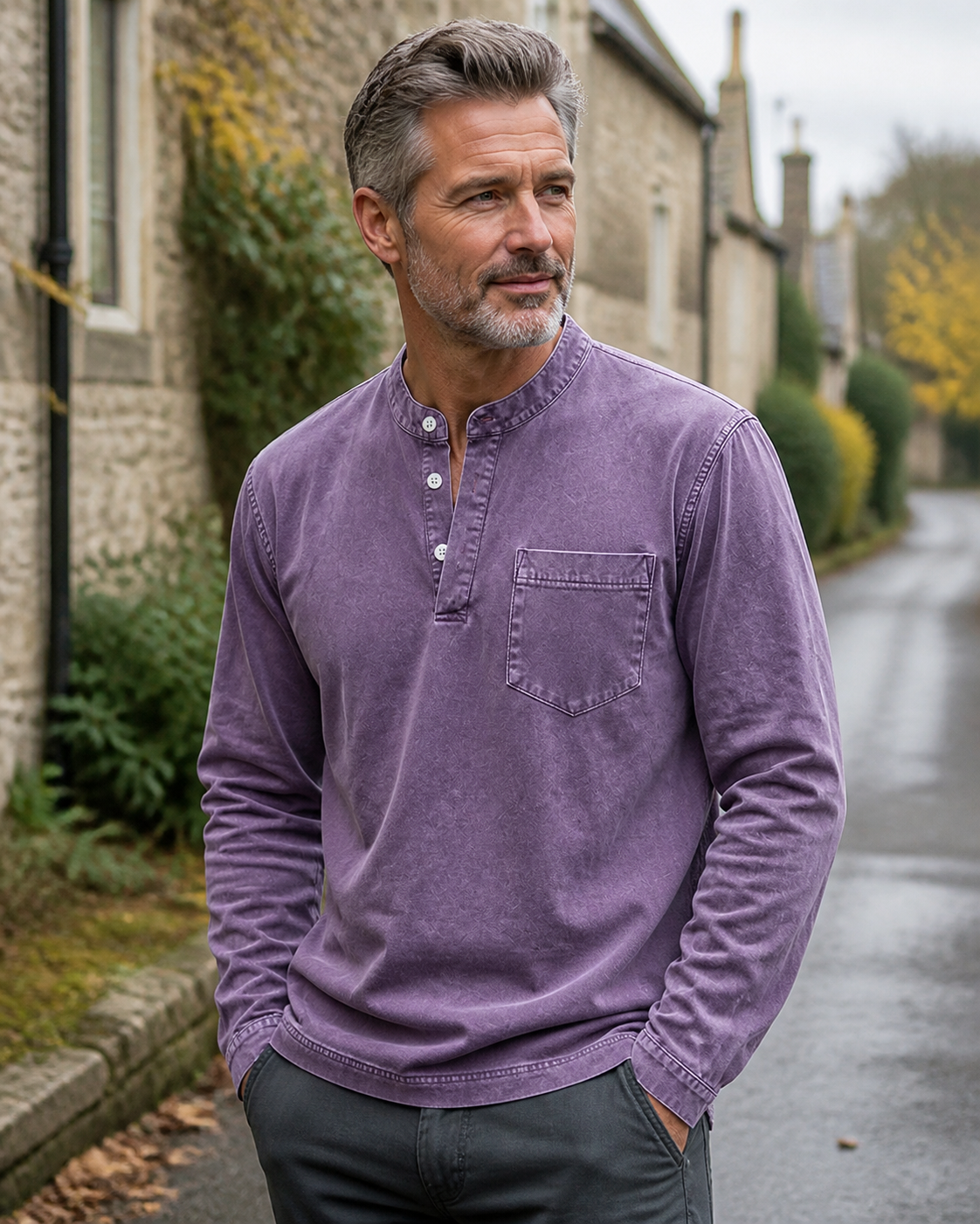 Purple Saltwater long-sleeve Henley styled in a Cotswold village