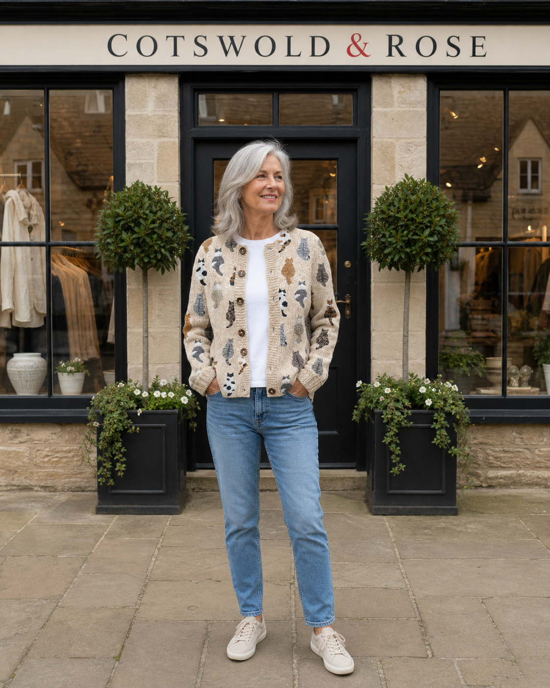 Woman wearing the beige Moxley feline motif knit cardigan outside Cotswold & Rose
