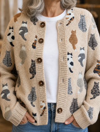 Close-up of the beige Moxley knit cardigan with cat motifs and button front