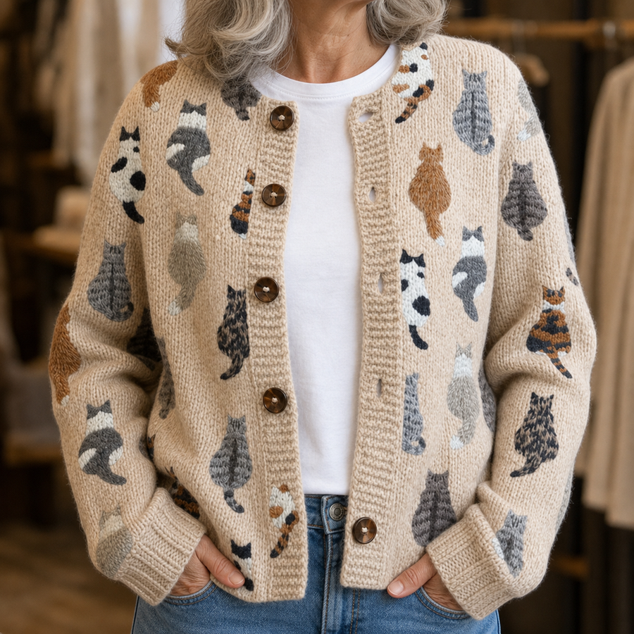 Close-up of the beige Moxley knit cardigan with cat motifs and button front