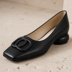 Opium black square-toe flat double-loop and heel detail