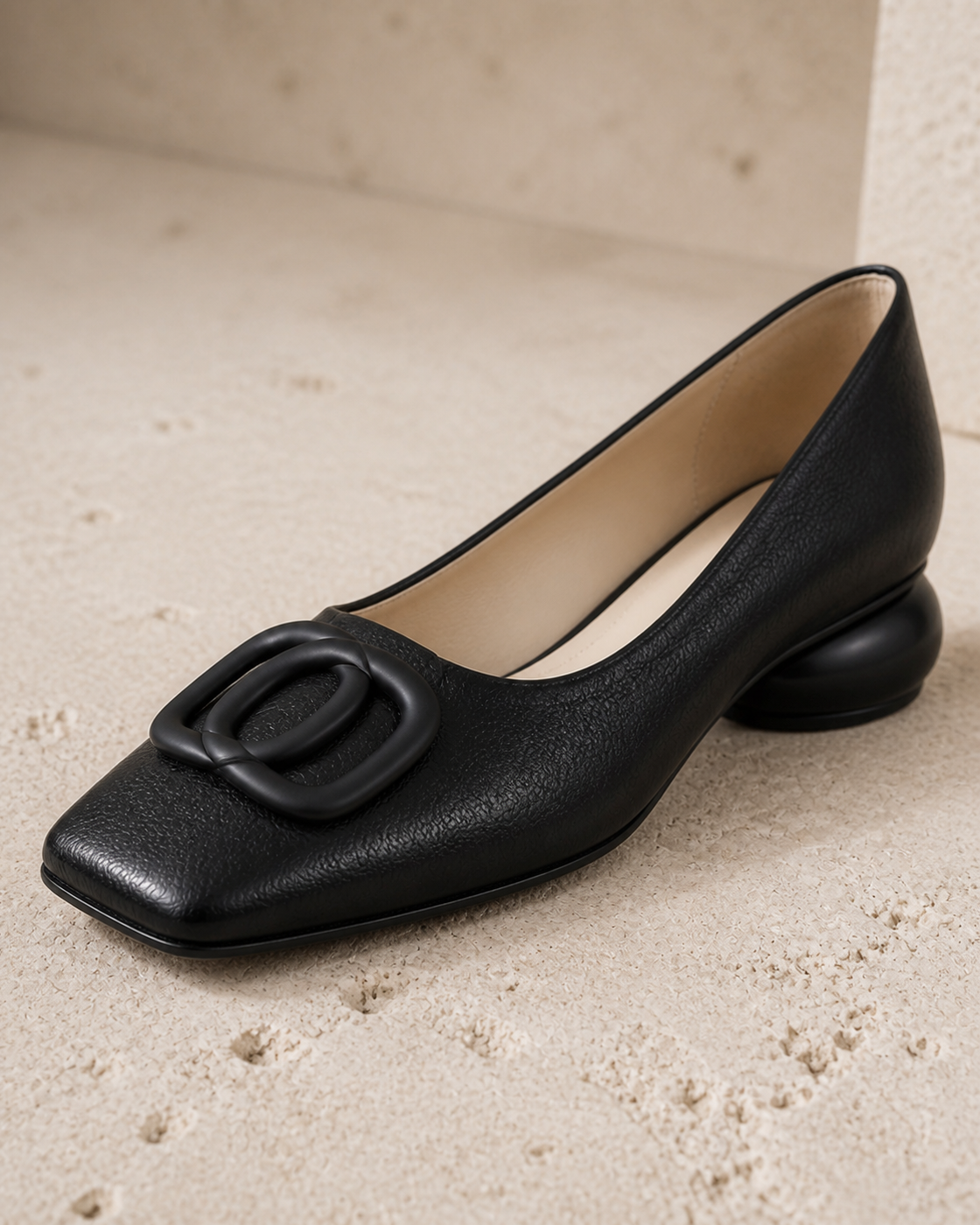 Opium black square-toe flat double-loop and heel detail