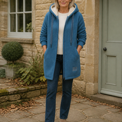 The Phoebe blue longline hooded fleece jacket styled outside a Cotswold cottage