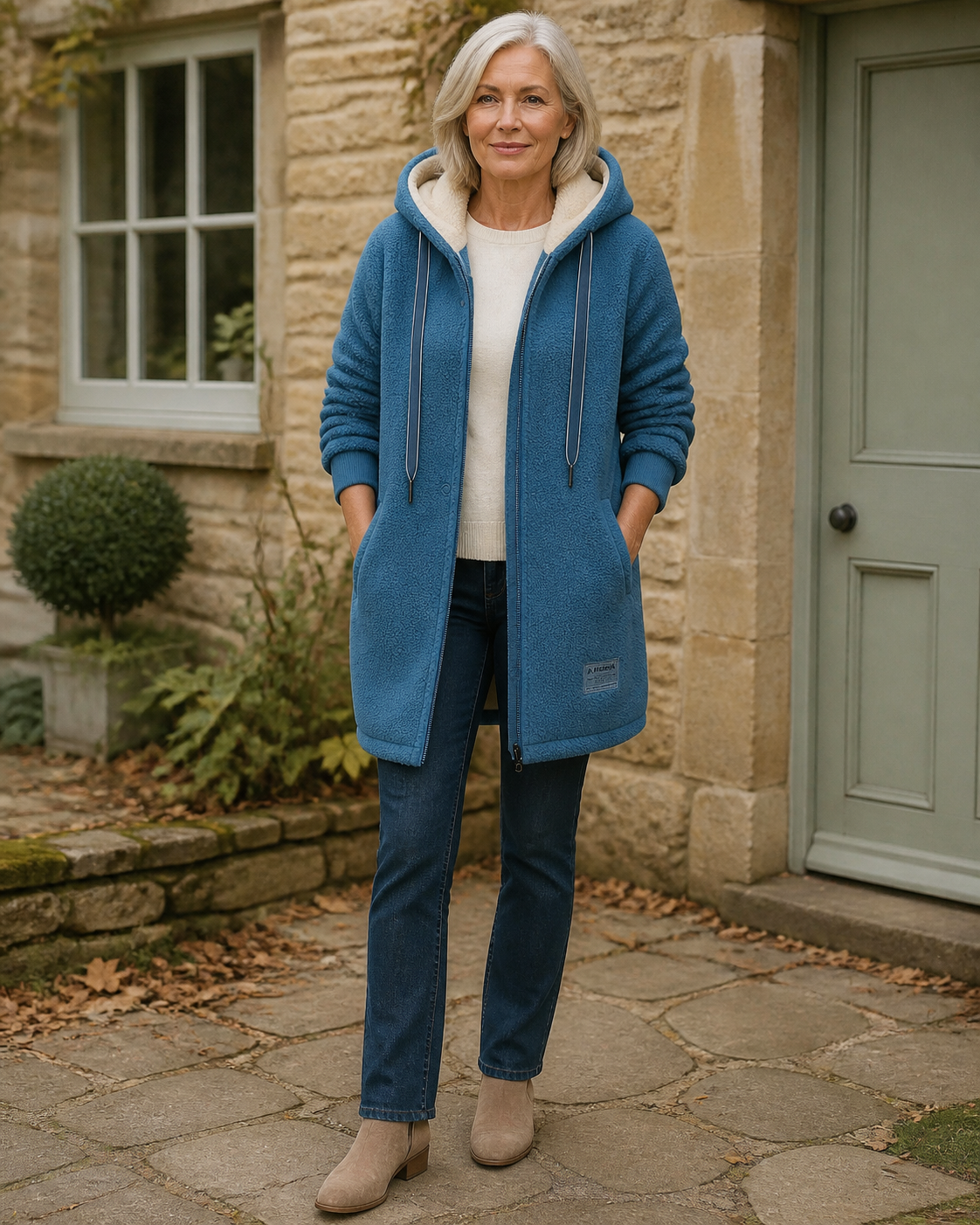 The Phoebe blue longline hooded fleece jacket styled outside a Cotswold cottage