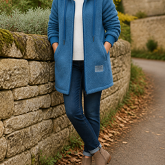 The Phoebe blue longline hooded fleece jacket beside a Cotswold stone wall