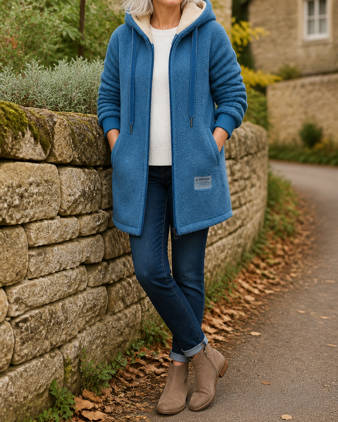 The Phoebe blue longline hooded fleece jacket beside a Cotswold stone wall