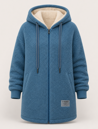 The Phoebe blue longline hooded fleece jacket front view