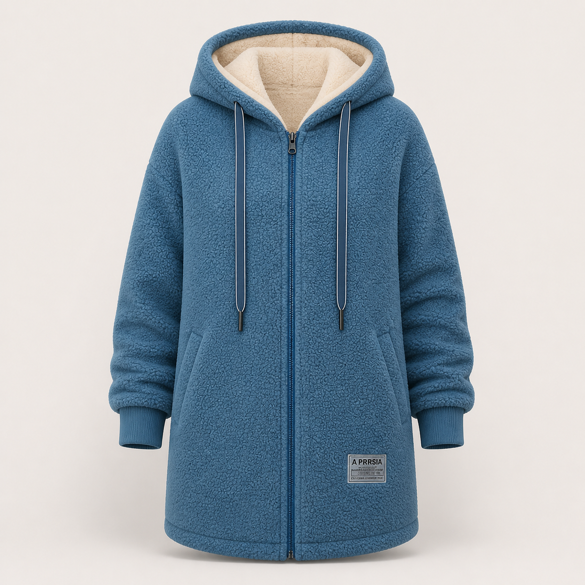 The Phoebe blue longline hooded fleece jacket front view