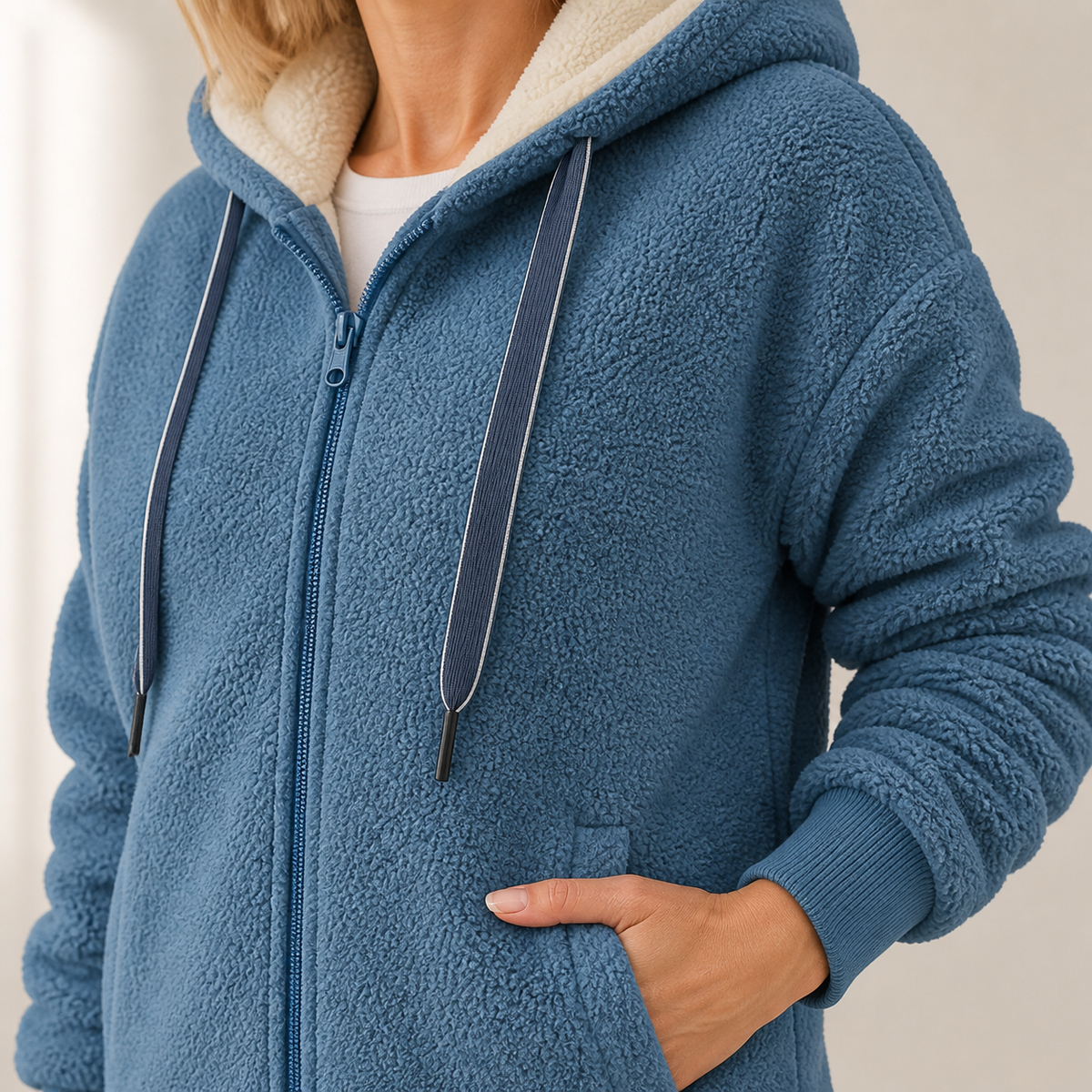 The Phoebe blue fleece texture hood zip cuff and pocket detail