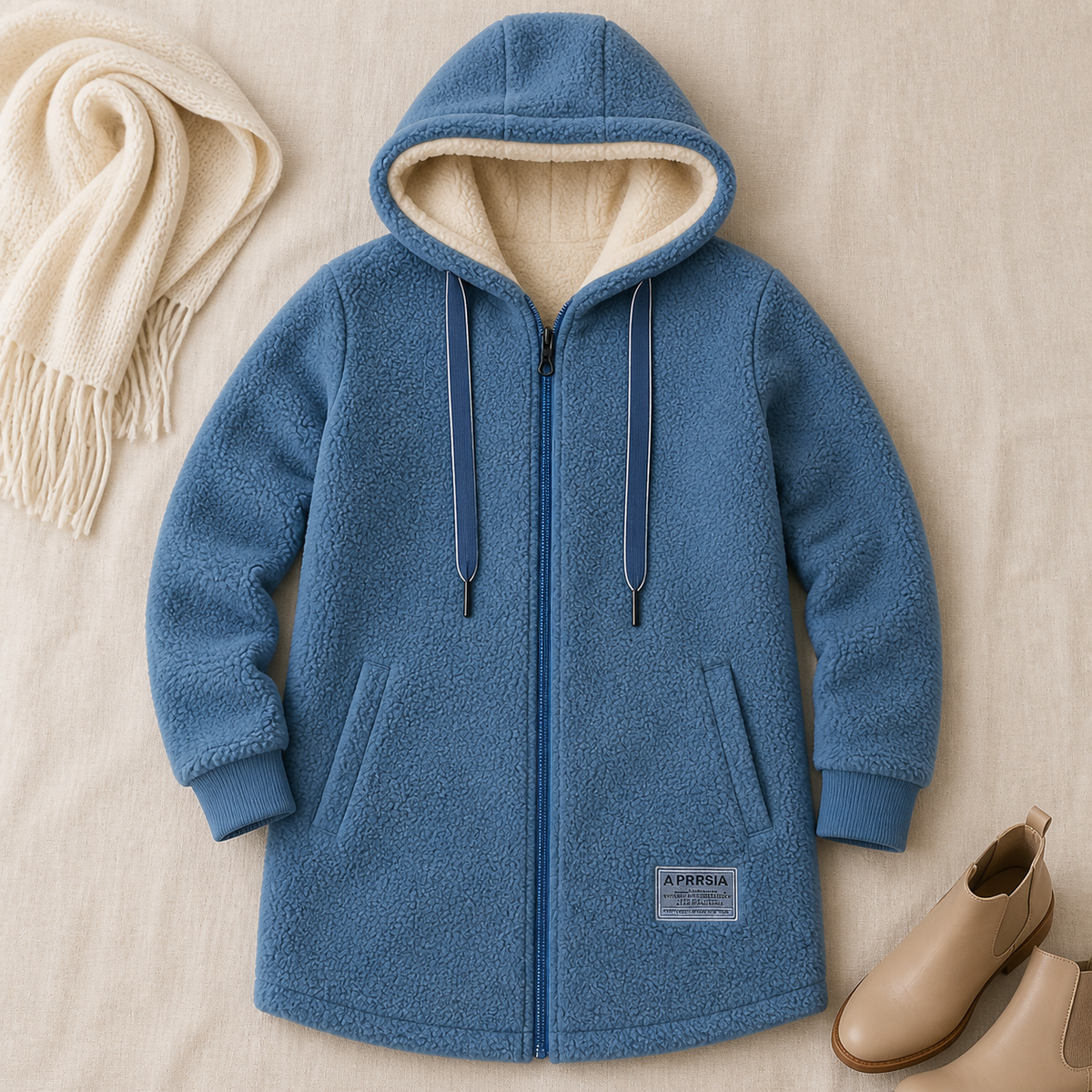 The Phoebe blue longline hooded fleece jacket styled flat lay