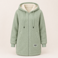 The Phoebe green longline hooded fleece jacket front view