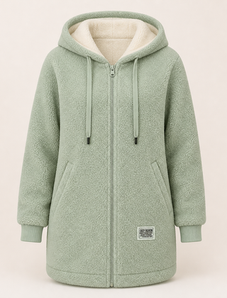 The Phoebe green longline hooded fleece jacket front view