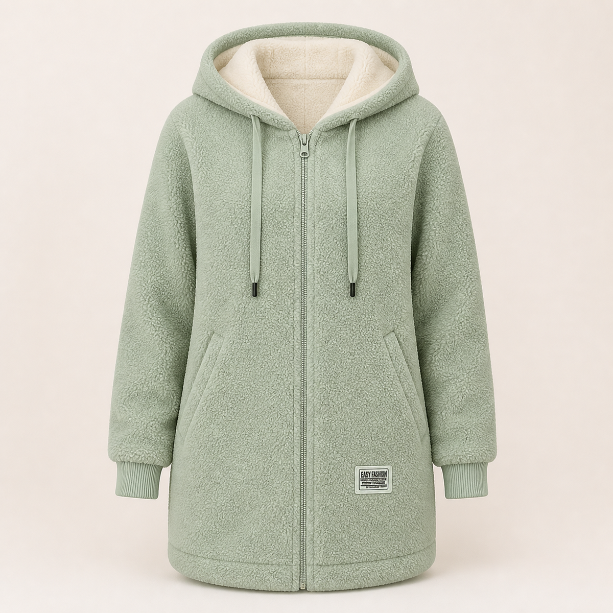 The Phoebe green longline hooded fleece jacket front view