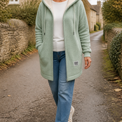 The Phoebe green longline hooded fleece jacket on a Cotswold village walk