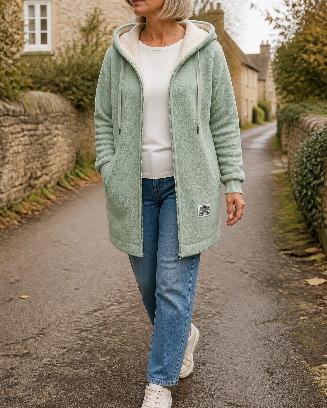 The Phoebe green longline hooded fleece jacket on a Cotswold village walk