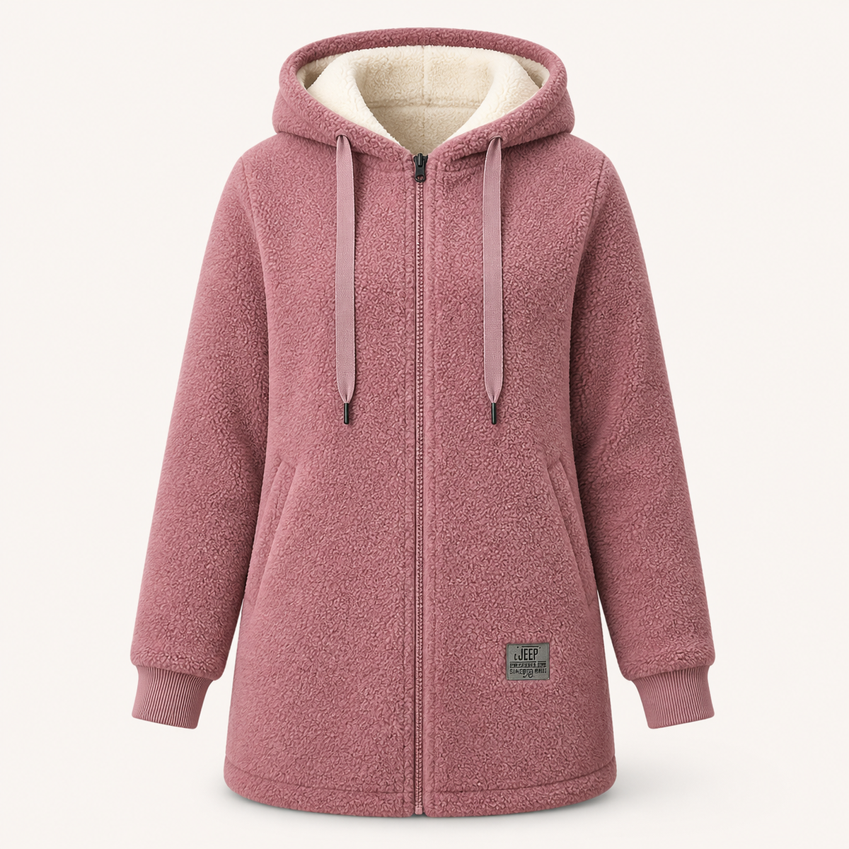 The Phoebe pink longline hooded fleece jacket front view