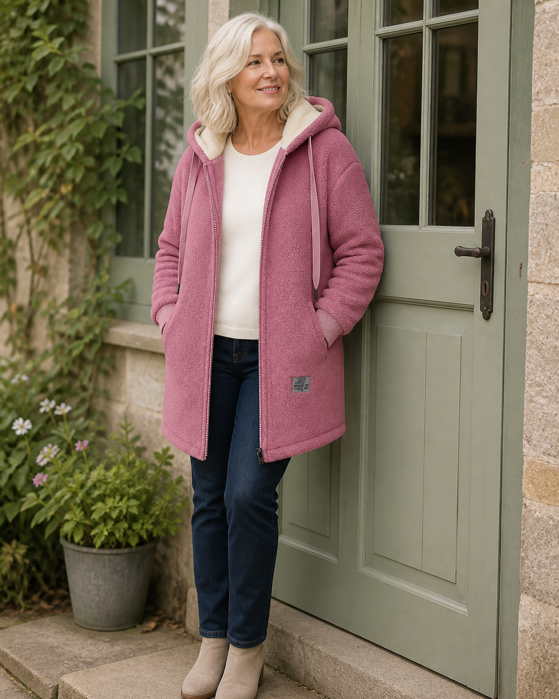 The Phoebe pink longline hooded fleece jacket styled by a sage cottage door