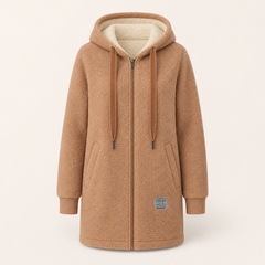 The Phoebe brown longline hooded fleece jacket front view