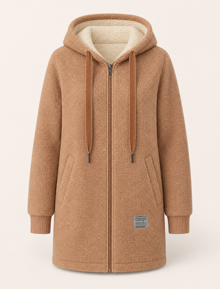 The Phoebe brown longline hooded fleece jacket front view