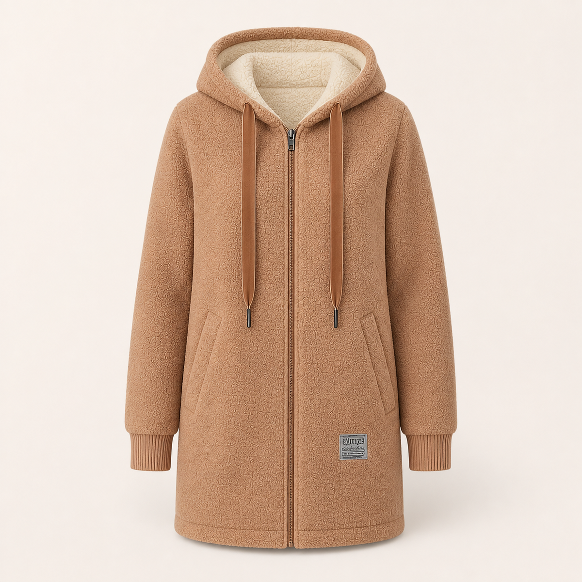 The Phoebe brown longline hooded fleece jacket front view