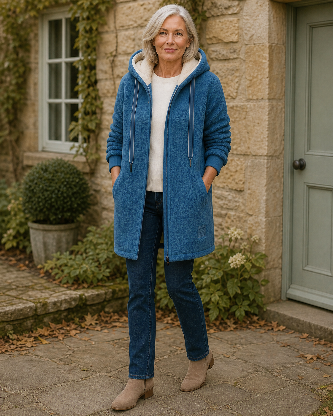 Phoebe blue longline hooded fleece jacket outside an autumn cottage