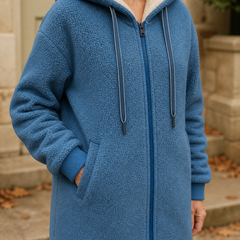 Phoebe blue longline fleece jacket hood zip and pocket detail