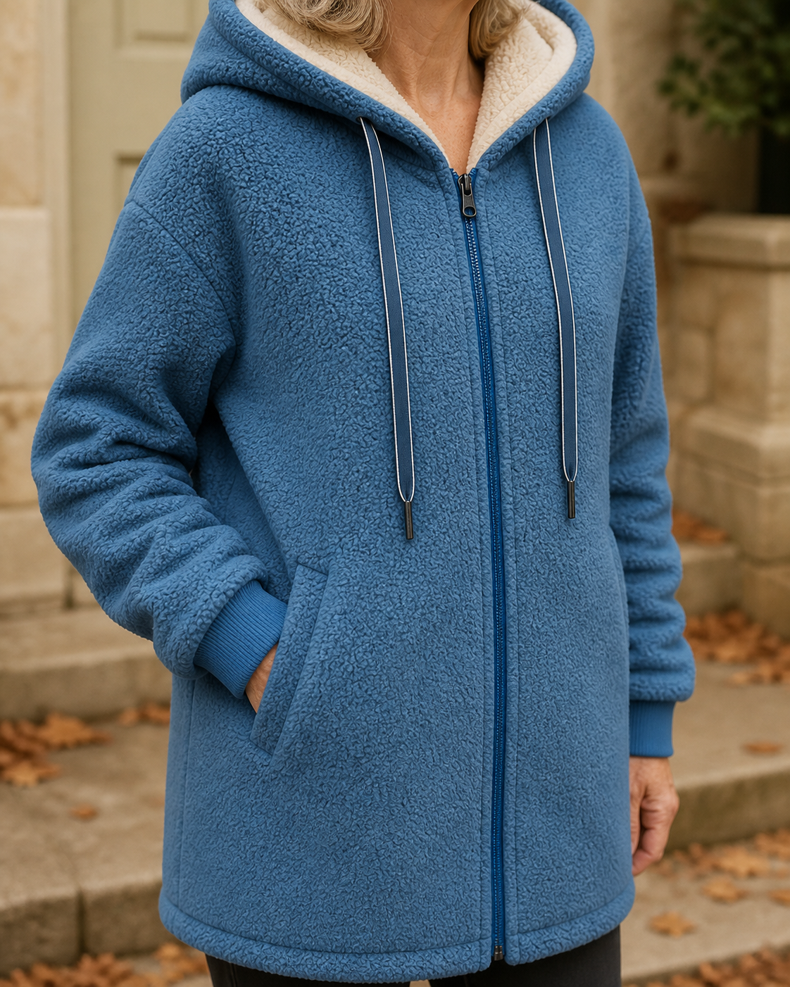 Phoebe blue longline fleece jacket hood zip and pocket detail
