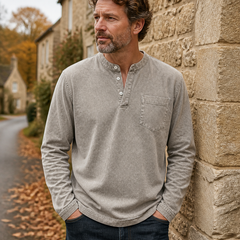 Saltwater light grey long-sleeve Henley – new gallery image 1