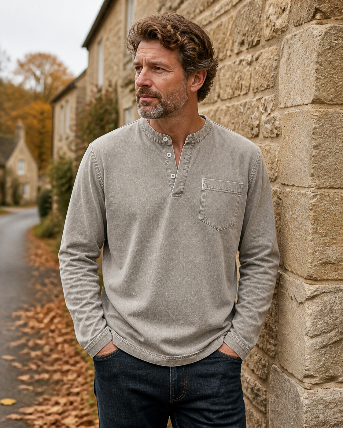 Saltwater light grey long-sleeve Henley – new gallery image 1