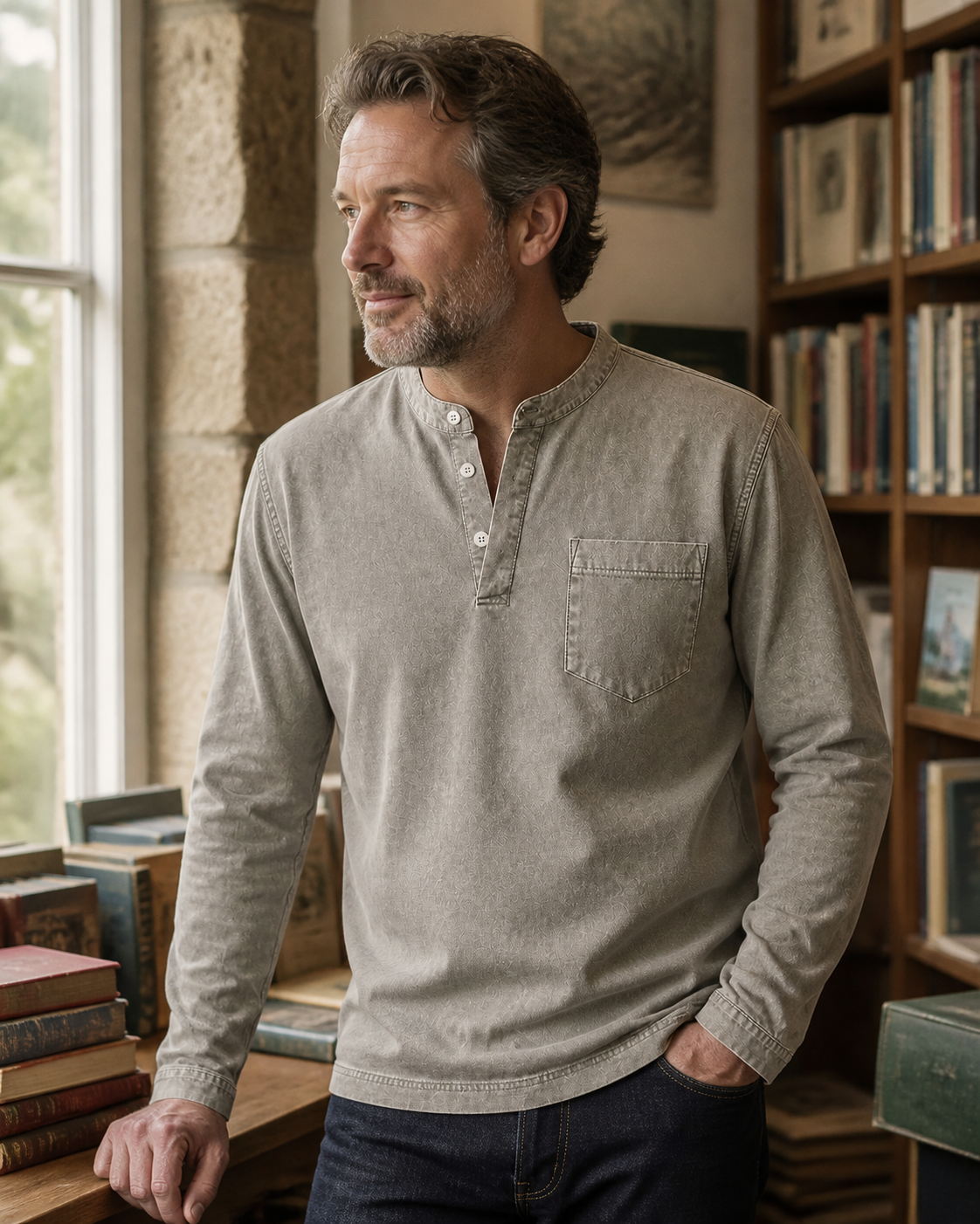 Saltwater light grey long-sleeve Henley – new gallery image 5