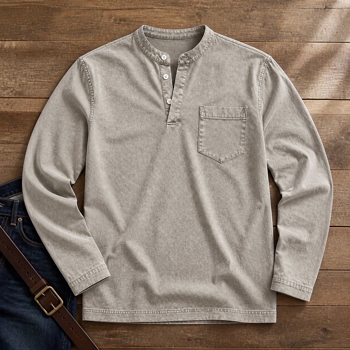 Saltwater light grey long-sleeve Henley – new gallery image 6