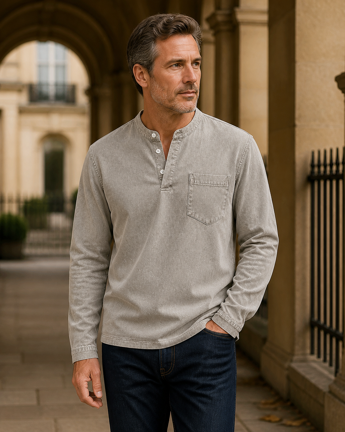 Saltwater light grey long-sleeve Henley – new gallery image 8